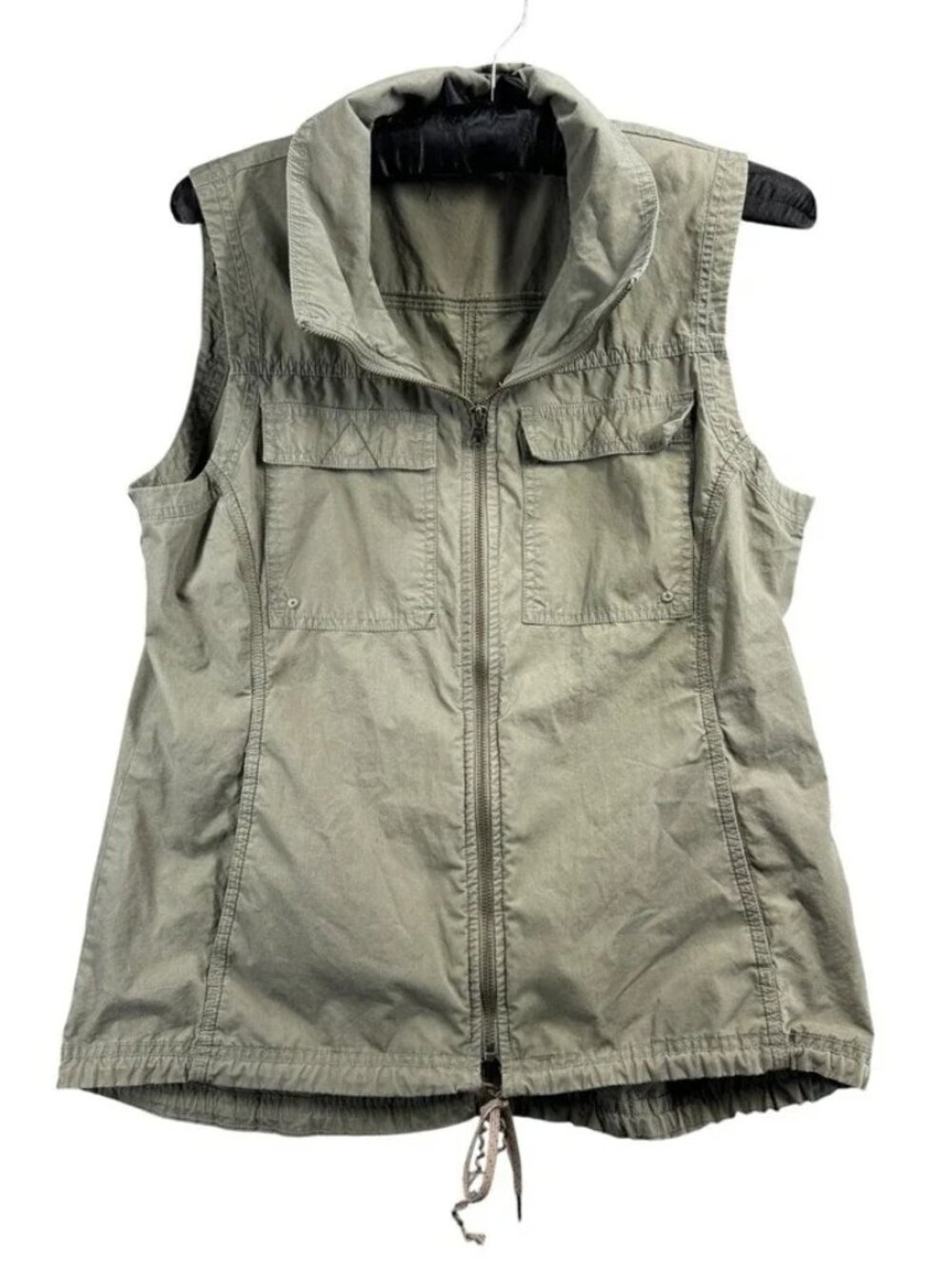 COLUMBIA Olive Green Sleeveless Utility Vest Zip Front Drawstring, Sz Small